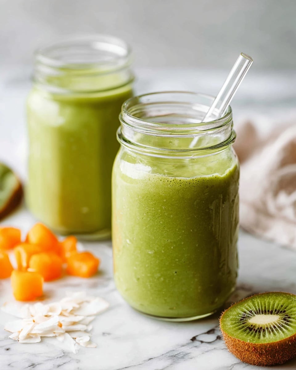 A clear glass mason jar filled with a thick, smooth light green smoothie is shown, with a glass straw inside the jar. The jar has an embossed design on the front, and the smoothie reaches almost to the top. In front of the jar are small, orange cubed pieces of melon and a few white cashew slices. On the left side of the image, part of a cut kiwi with vivid green flesh and black seeds and a small bright orange fruit segment are visible. The background and surface are white with a marbled texture. Photo taken with an iphone --ar 4:5 --v 7