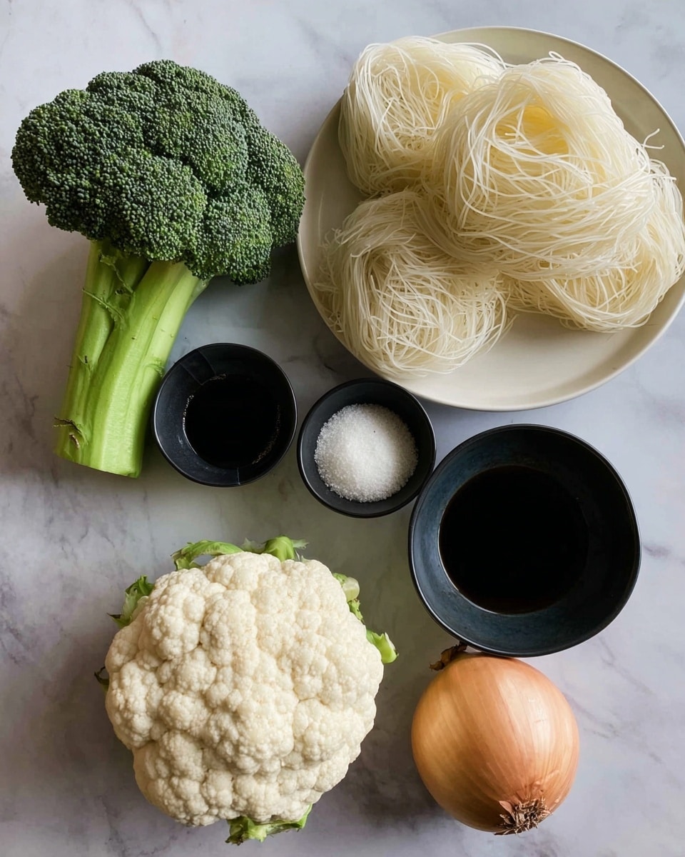 The image shows raw ingredients neatly arranged on a white marbled surface. At the top right, two nests of pale yellow rice noodles rest on a white plate. Below the noodles, there are two small black bowls, one filled with white salt and the other with dark soy sauce. To the left of the bowls, a fresh green broccoli stalk sits upright, and below that, a light cream-colored cauliflower head rests on the surface. To the right of the cauliflower, a whole light brown onion lies on the surface. All items are spaced evenly and presented clearly, showing their natural colors and textures. Photo taken with an iphone --ar 4:5 --v 7
