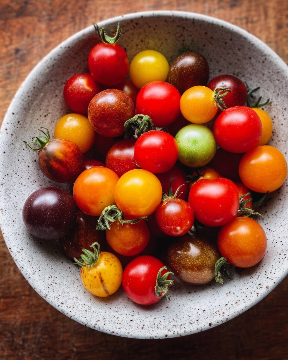 A close-up view of a white speckled bowl filled with small round cherry tomatoes in different colors and shades. The tomatoes include bright red, deep red, yellow, green with purple streaks, and brownish-orange varieties, all with smooth, shiny skins and some with dry green stems attached. The bowl sits on a wooden surface. Photo taken with an iphone --ar 4:5 --v 7