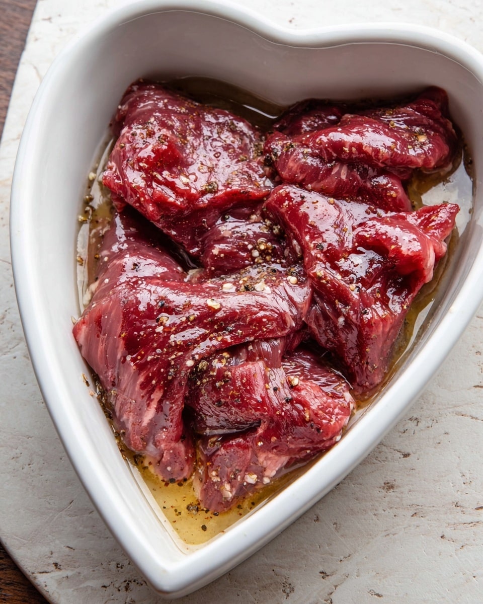 A white heart-shaped ceramic dish holds several pieces of raw red meat soaked in a shiny layer of oil and seasoning. The meat is wet and glossy, with some fat visible on the edges. The pieces are uneven, folded, and sit closely together in the dish, with small bits of cracked black pepper and salt sprinkled on top. The dish is placed on a white marbled surface. photo taken with an iphone --ar 4:5 --v 7