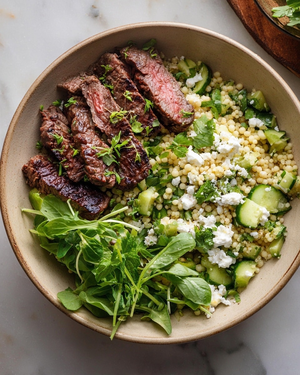 A white bowl filled with several layers: at the bottom, fresh green leafy sprouts with soft stems, on the right, a grain salad mixed with small white pearl grains, chopped green cucumbers, and white crumbled cheese, sprinkled lightly with black pepper and herbs; on the left, slices of grilled steak with a pink center and a slightly charred brown outer edge are laid on top of the greens, with a few small green herbs scattered over the meat. The bowl rests on a white marbled surface, with a wooden bowl of coarse salt and lemon halves nearby. Photo taken with an iphone --ar 4:5 --v 7
