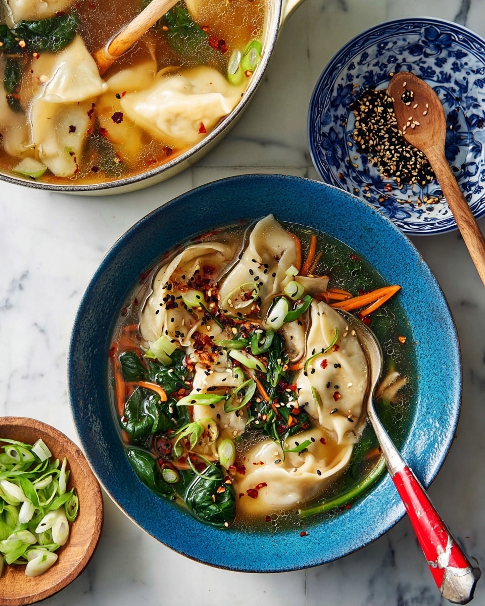 The dish is in a white bowl with a blue rim placed on a white marbled surface. Inside, there are seven round dumplings with light beige smooth skin partially submerged in clear broth. The dish is topped with dark red chili flakes, black sesame seeds, chopped green onions, and bright green spinach leaves. Thin orange carrot strips and light brown mushroom slices are scattered around the dumplings. A spoon with a shiny metal head and red handle rests on the bowl's edge, partially in the broth. Photo taken with an iphone --ar 4:5 --v 7