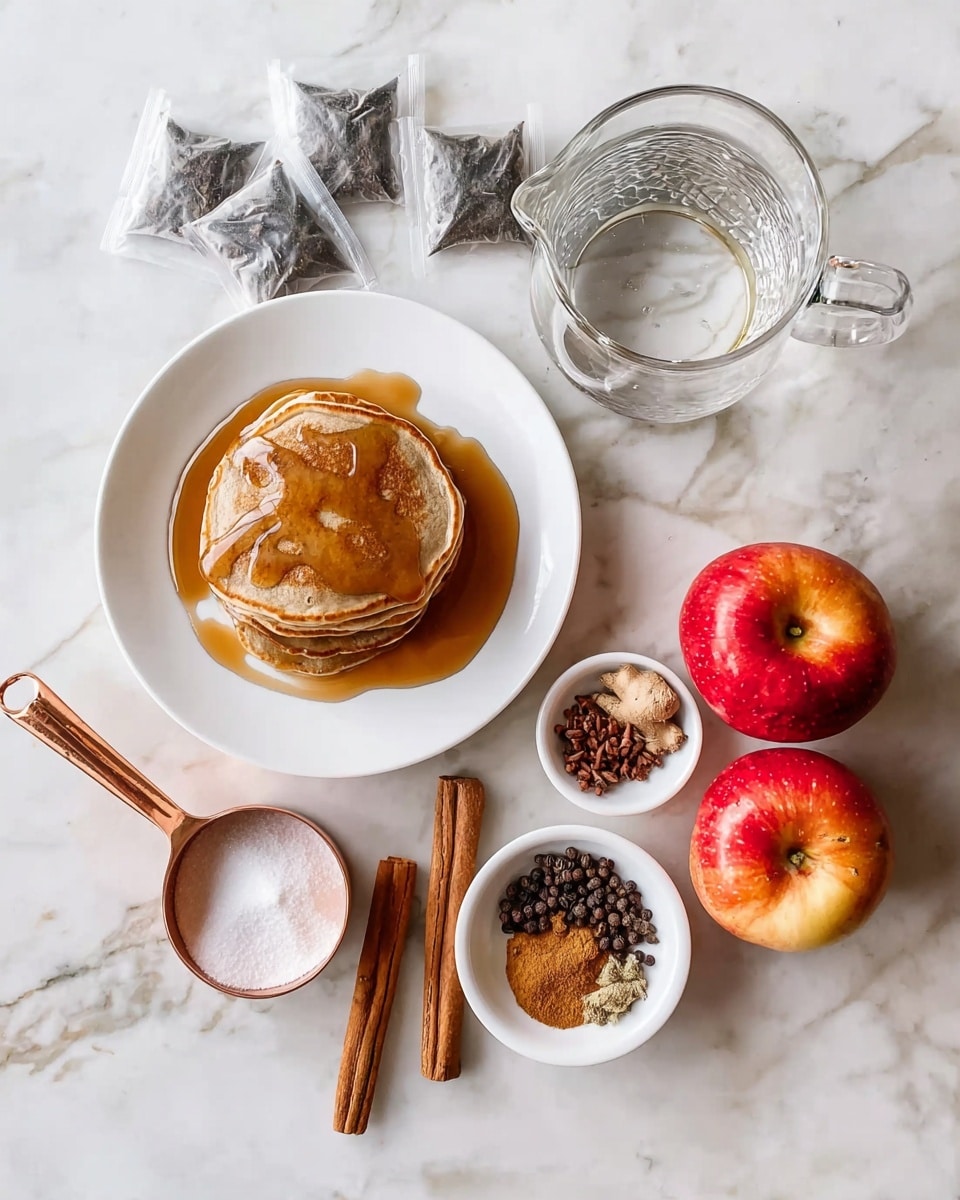 A white plate holds a stack of pancakes drizzled with syrup, showing a shiny, smooth texture. Next to the plate is a copper measuring cup filled with white sugar. Above the plate, several tea bags with dark contents are spread out. To the right, a small white bowl contains spices including two cinnamon sticks, black peppercorns, cloves, and ground ginger; the spices show a mix of brown, black, and beige colors. On the white marbled surface, two red apples are placed near a clear glass pitcher filled with water, which reflects light. The scene is bright and evenly lit, showing clear details of each ingredient photo taken with an iphone --ar 4:5 --v 7