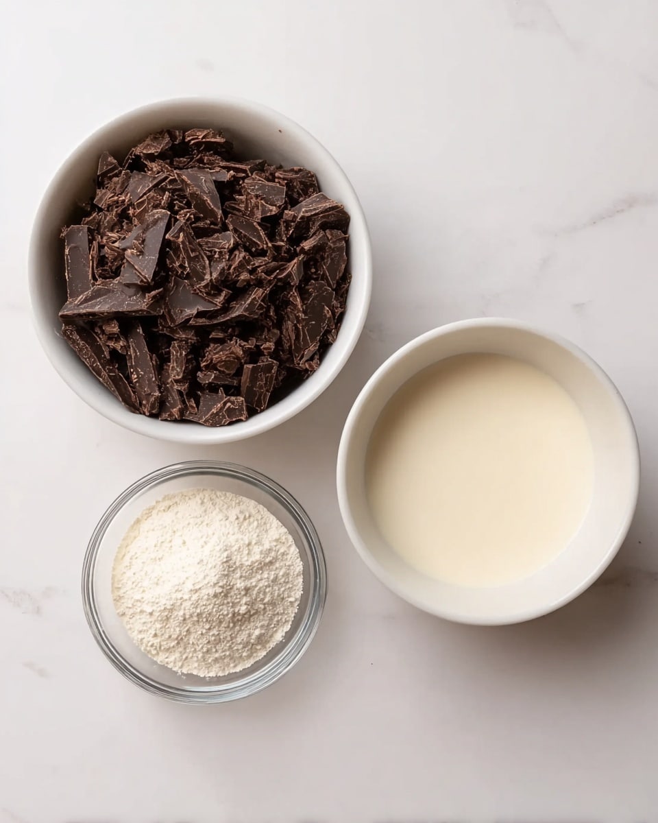 The image shows three bowls on a white marbled surface. On the left, there is a white bowl filled with dark brown chocolate pieces that have a rough texture. On the right, a white bowl holds a smooth, off-white liquid cream. In the middle front, a small clear glass bowl contains a white powdery substance. The arrangement is simple, evenly spaced with a clean background. Photo taken with an iphone --ar 4:5 --v 7