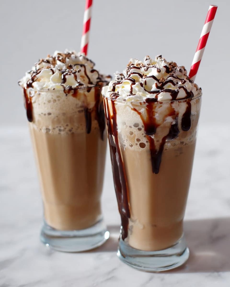 Two tall clear glasses filled with light brown iced coffee are placed on a white marbled surface. Each glass has a thick layer of white whipped cream on top, with dark brown chocolate syrup drizzled in a random pattern over the whipped cream and slightly dripping down the sides of the glasses. Both drinks have a red and white striped straw sticking out from the whipped cream. The light reflects softly on the glass surfaces, showing the creamy texture inside. photo taken with an iphone --ar 4:5 --v 7