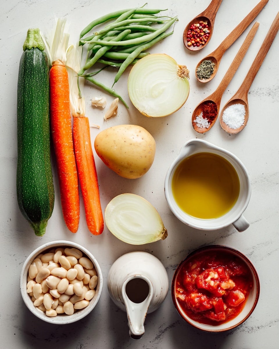 The image shows a flat layout of cooking ingredients on a white marbled surface. On the left, there is a green zucchini, a white fennel bulb, a bright orange carrot, and green beans scattered near the top. Two halves of a pale yellow onion are placed near the center. A small white oval potato, halved to show its smooth pale yellow inside, sits next to the onion. Three wooden spoons with seasonings—a white teaspoon with mixed herbs, a dark teaspoon with red chili flakes, and a larger wooden spoon with coarse salt—are arranged horizontally near the top right. Below is a small white jar filled with golden oil and an empty white speckled jug. A small wooden bowl holds several peeled white garlic cloves. At the bottom middle, a small white bowl is filled with light beige beans, and to the right, a white bowl with a dark rim contains red chopped tomatoes. The setup is clean and well-lit with natural light. Photo taken with an iphone --ar 4:5 --v 7