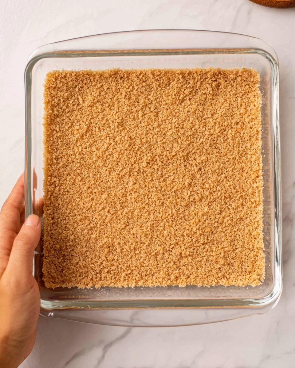 A clear square glass baking dish holds a single even layer of finely crushed light brown crumbs, spread flat and filling the dish completely. The dish sits on a white marbled surface. A woman's hand is visible on the left edge, holding the dish steady. Photo taken with an iphone --ar 4:5 --v 7