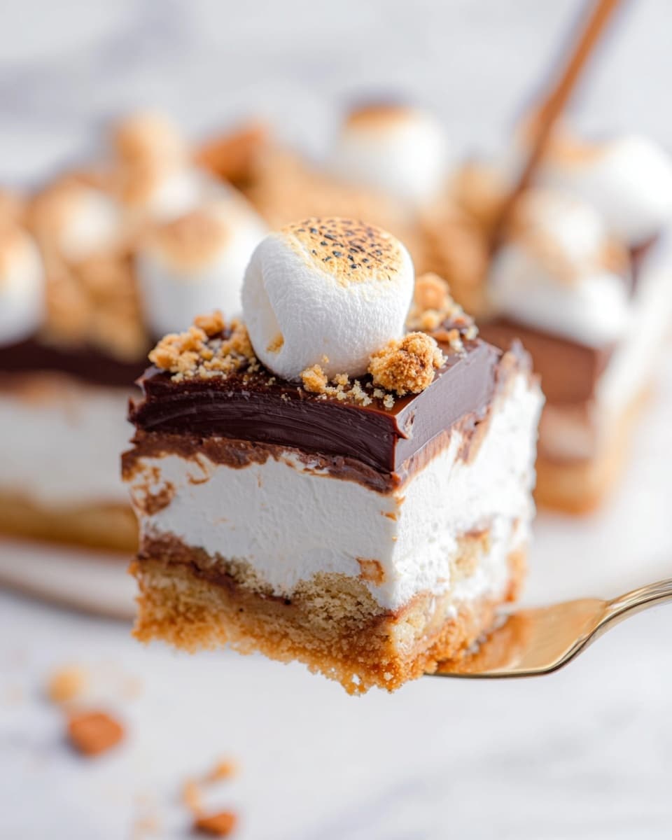 A close-up of a fork holding one square piece of a layered dessert with four visible layers: the bottom layer is light golden brown and crumbly, the second layer is thick and white with a smooth texture, the third layer is thin and glossy dark brown, and the top layer is decorated with a small, round, toasted white marshmallow and small crumbly bits. The background shows the rest of the dessert with more toasted marshmallows and crumbs on top, all placed on a white marbled surface. Photo taken with an iphone --ar 4:5 --v 7