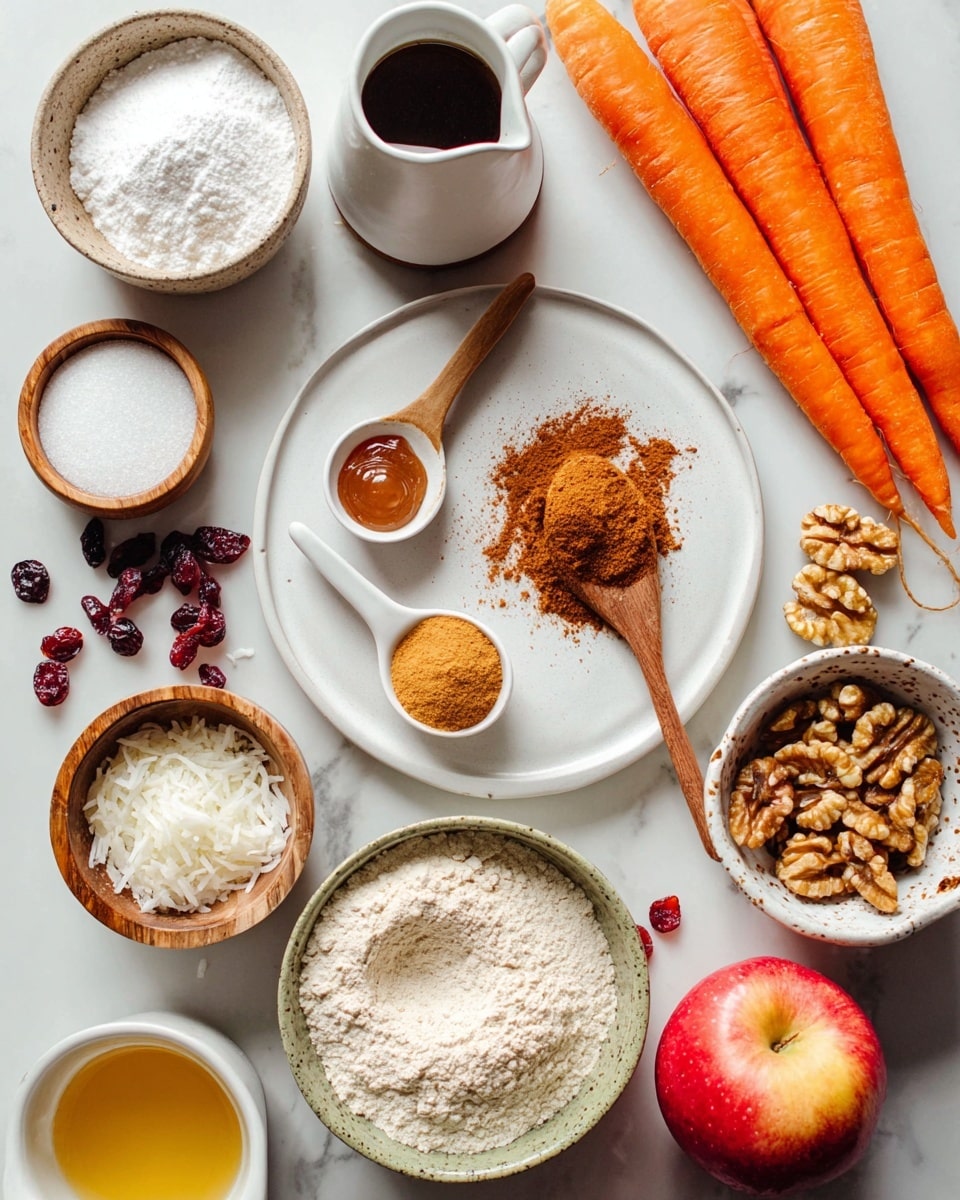 A white round plate is at the center, holding a wooden spoon filled with brown cinnamon powder, two white ceramic spoons with one containing light brown powder and the other with a small amount of syrup, scattered dried cranberries, and walnut halves. Around the plate, there are small bowls with various ingredients: one filled with white powdered sugar, a larger one with a mix of flour and spices, a wooden small bowl with shredded coconut, a speckled bowl with brown sugar, and a white pitcher with a dark liquid. On the white marbled surface, there are two whole bright orange carrots on the upper right, a whole shiny red apple and a half apple cut to show its seeds at the bottom center. A white cup with melted butter is to the bottom left. Photo taken with an iphone --ar 4:5 --v 7