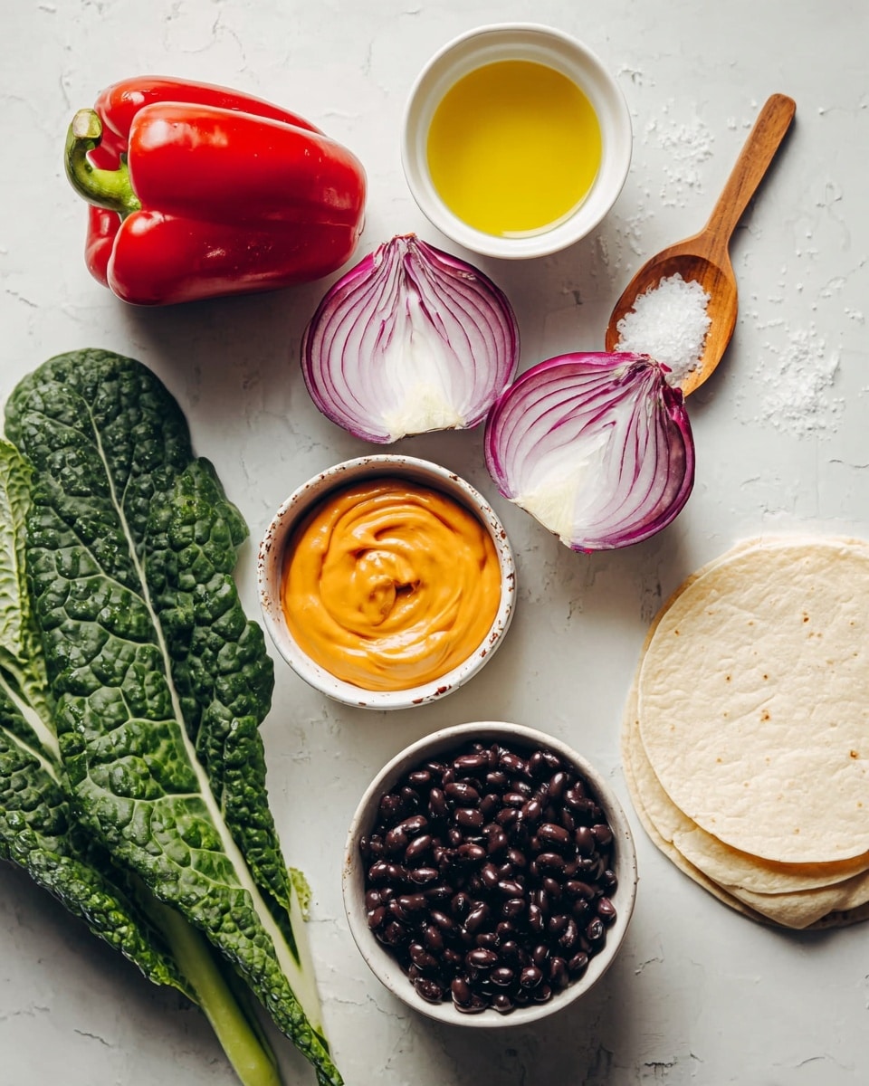 The image shows a flat lay of fresh ingredients arranged on a white marbled surface. There is a large green leafy vegetable on the left side, a whole red bell pepper next to it, and two halves of a red onion with white and purple layers in the center. Above the onions, there is a small white bowl with a yellow liquid, possibly oil, and beside it a small white bowl with a smooth orange sauce, having a creamy texture with a swirl on top. Near the center bottom, a white bowl filled with shiny black beans is placed. On the right side, there is a neat stack of white tortillas. A wooden spoon with white coarse salt rests diagonally above the bell pepper. photo taken with an iphone --ar 4:5 --v 7