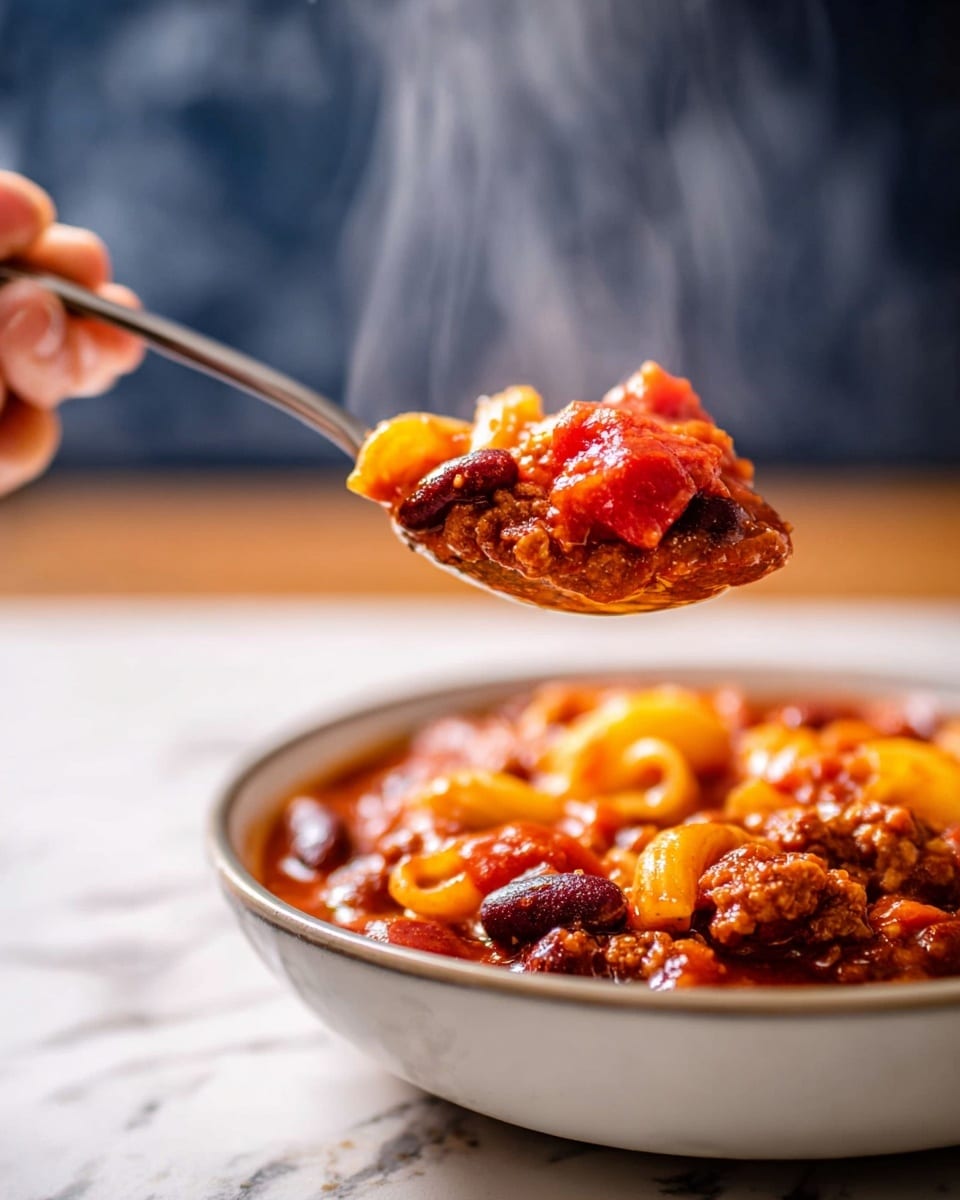 A close-up image shows a spoonful of thick chili held over a white bowl filled with chili. The chili has three visible layers: the top layer is chunky red tomato sauce mixed with soft yellow-orange pasta pieces; the middle layer has dark brown and kidney beans along with small bits of cooked brown meat; the bottom layer is rich red sauce with more beans and pasta peeking through. Steam rises from the chili, showing it is hot. The spoon is held by a woman's hand, with a white marbled textured surface below the bowl. Photo taken with an iphone --ar 4:5 --v 7