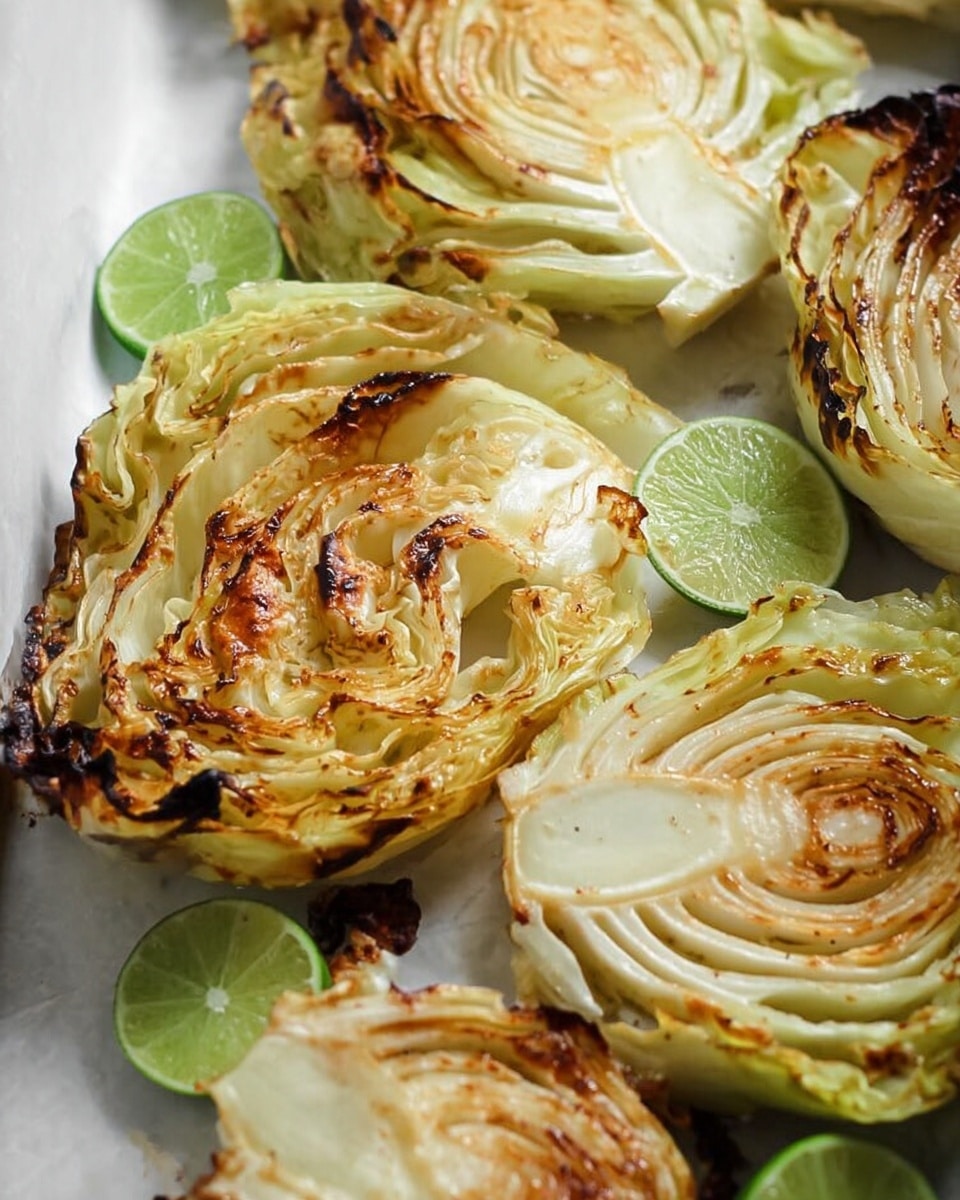 The image shows several thick slices of roasted cabbage arranged on a white tray with a white marbled background. Each cabbage slice has multiple layers, with outer layers browned and slightly crispy, while inner layers stay light yellow to pale green with a soft texture. The edges of some slices are charred and curled up, giving a rustic look. Scattered among the cabbage pieces are bright green lime halves, adding a fresh color contrast. The overall presentation highlights the browned textures on the cabbage surface and the smooth, exposed layers inside. Photo taken with an iphone --ar 4:5 --v 7