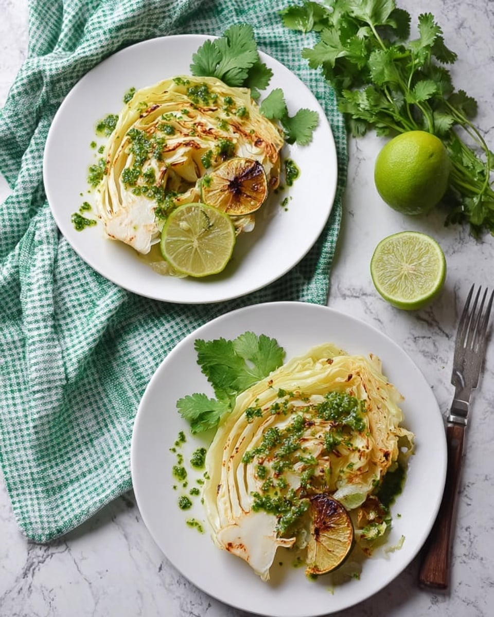 Two white plates sit on a white marbled surface with a green and white checkered cloth nearby. Each plate holds one grilled cabbage slice, browned on the edges and layered with soft, light yellow to white leaves. On top of each cabbage, there are drizzles of a green herb sauce with a leafy texture. Beneath each cabbage slice is a halved lime, one lighter green inside and the other charred with a darker green color. Fresh green cilantro leaves are placed under and around the cabbage slices for garnish. In the upper right corner of the image is a whole lime and a half lime with the inside visible, both on the white marbled surface. Photo taken with an iphone --ar 4:5 --v 7