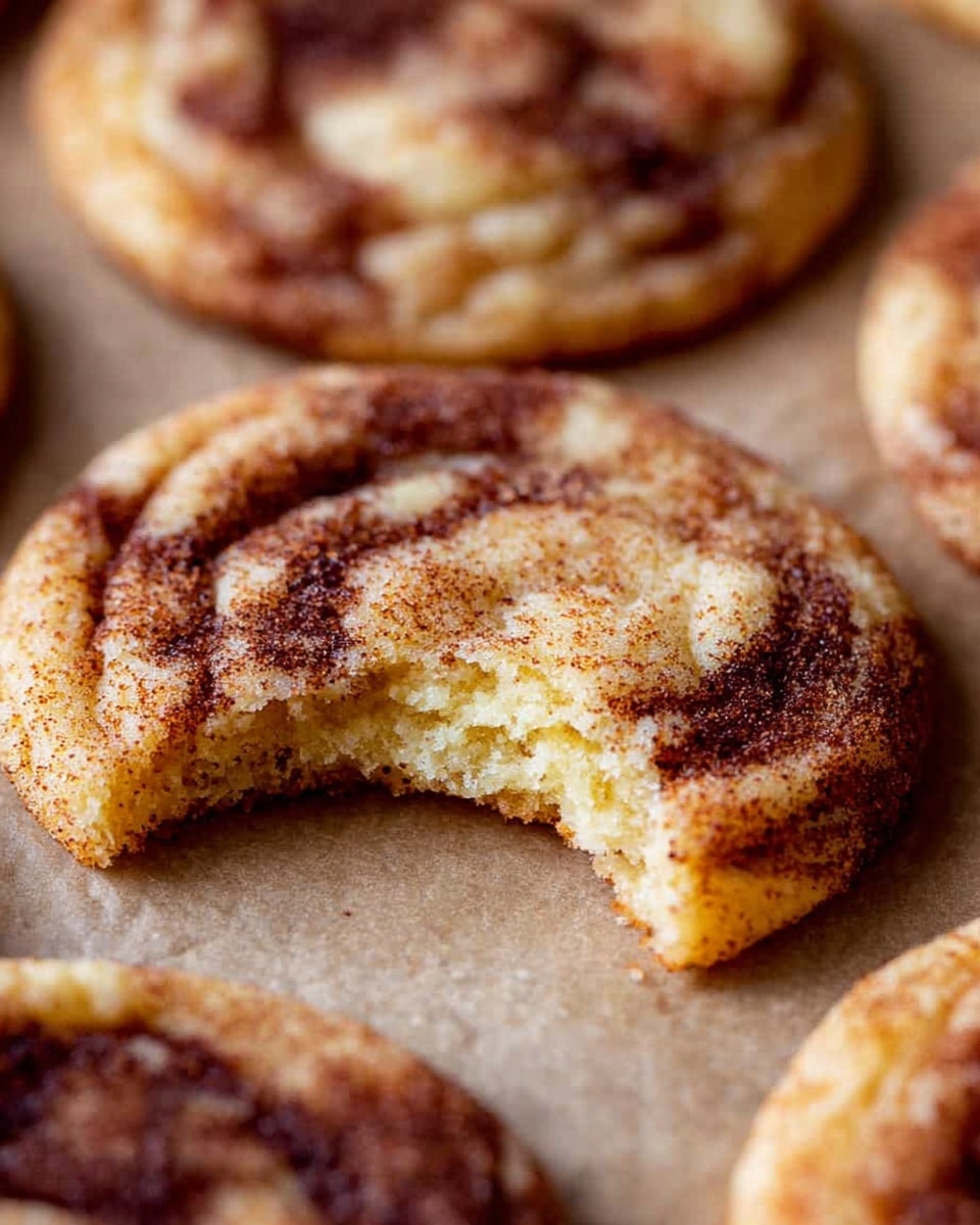 The image shows a close-up of soft cinnamon cookies with a bite taken out of one, revealing a light yellow inside and a slightly crumbly texture. The cookie has a golden-brown edge and is covered with swirls of dark cinnamon powder on the top, giving a marbled effect. Surrounding the bitten cookie are more of the same cookies, all resting on a parchment paper surface. The colors are warm and inviting, focusing on the contrast between the light dough and the dark cinnamon. photo taken with an iphone --ar 4:5 --v 7