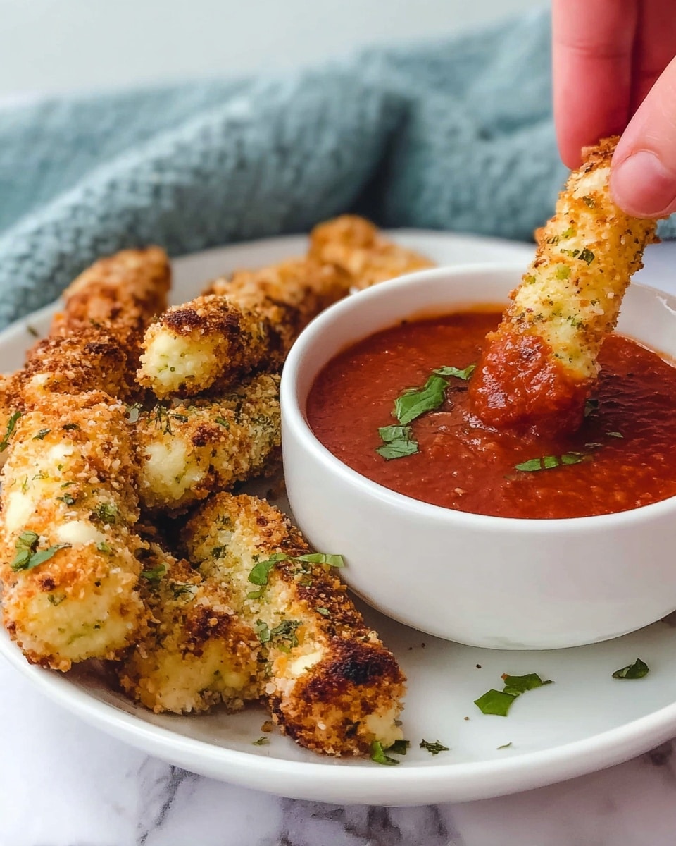 A white plate is filled with golden-brown fried sticks that have a crispy, textured coating with bits of green herbs sprinkled on top. Some of the sticks show creamy white cheese oozing out slightly. The sticks are arranged in a semi-circle around a small white bowl that holds thick red tomato sauce with visible tomato pieces and a few green parsley leaves on top. More fresh parsley leaves are scattered over the fried sticks. The plate sits on a white marbled surface. Photo taken with an iphone --ar 4:5 --v 7