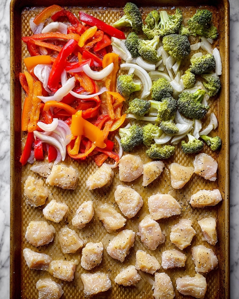 The image shows a baking tray with two main layers. The bottom layer is the textured surface of the tray, golden brown and slightly shiny. On top, the bottom half is covered with several pieces of raw, pale yellow chicken coated lightly with flour, each piece roughly the same size but uneven in shape. The top half of the tray features a colorful mix of sliced vegetables: bright red and orange bell pepper strips, green broccoli florets with white stems, and some pieces of white onion with translucent edges. All the ingredients are well spread out and sprinkled lightly with black pepper. The whole scene is set against a white marbled surface. photo taken with an iphone --ar 4:5 --v 7