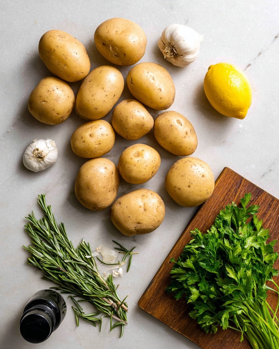 A group of twelve light brown potatoes with smooth skin is spread out on a white marbled surface, arranged with natural gaps between them. To the right, a bright yellow lemon rests alone. Below the potatoes, a whole white garlic bulb with visible cloves is placed near a sprig of fresh green rosemary. On the far right, a wooden cutting board holds a bunch of fresh green parsley with long stems and leaves. The bottom left corner shows the top part of a bottle with a black cap. photo taken with an iphone --ar 4:5 --v 7