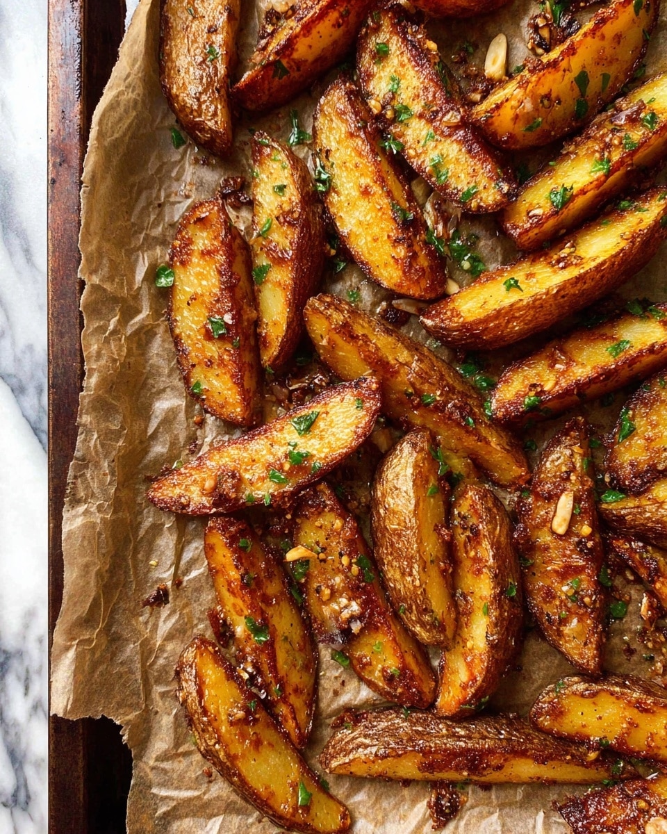 A close-up shot of crispy roasted potato wedges piled on a baking tray lined with brown parchment paper, showing a variety of golden brown and darker brown crispy edges with visible seasoning and small green herb pieces sprinkled on top. A silver metal spatula holds a few wedges in the center-left of the image. The background is a white marbled texture. Photo taken with an iphone --ar 4:5 --v 7