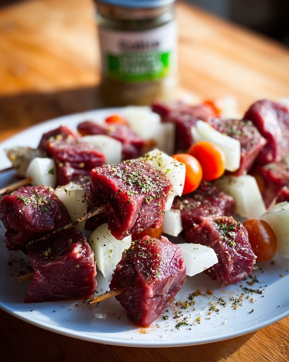 A white plate is filled with stacked skewers, each with pieces of raw beef in a deep red color, alternating with chunks of white onion and small round orange-red cherry tomatoes. The beef pieces show some texture and seasoning on top, and there are green herb sprinkles scattered across the skewers. The plate sits on a wooden surface with a jar of seasoning nearby. The overall scene has natural lighting with a slight shadow and focus on the meat skewers. photo taken with an iphone --ar 4:5 --v 7