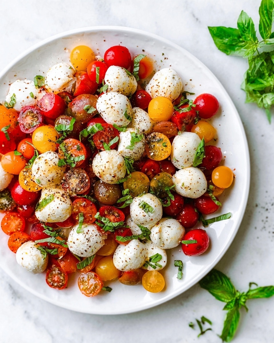The image shows a white plate filled with a fresh salad made of three layers: the bottom layer has halved cherry tomatoes in red, orange, and yellow colors with a shiny, smooth texture; the middle layer features small, round white mozzarella balls coated lightly with black pepper and herbs; and the top layer is scattered green basil leaves, some whole and some chopped. The salad is seasoned with visible specks of black pepper and herbs, and the plate sits on a white marbled surface with a few loose basil leaves around. photo taken with an iphone --ar 4:5 --v 7