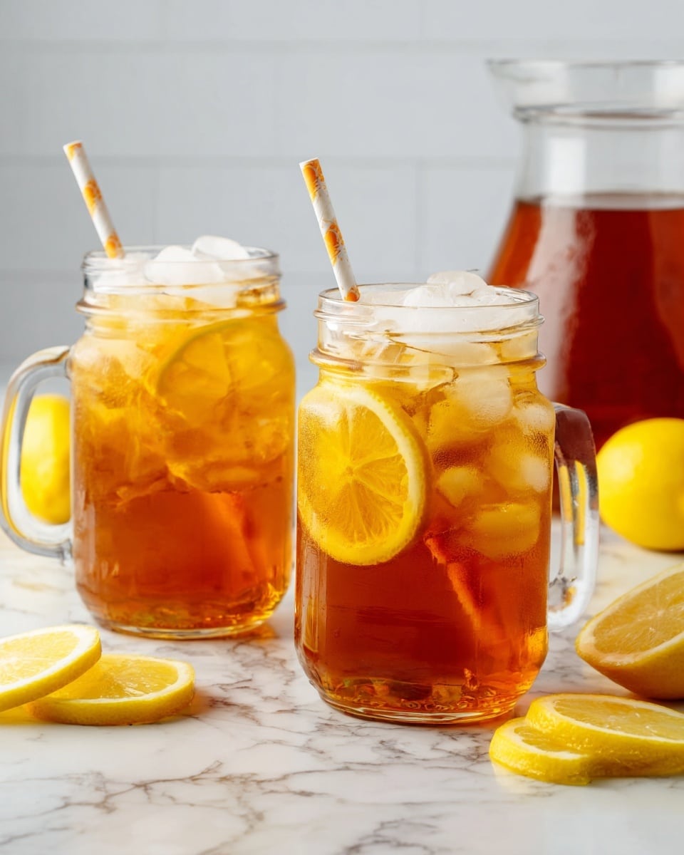 Two clear glass mugs filled with amber-colored iced tea sit side by side on a white marbled surface, each mug containing several ice cubes and a round lemon slice visible through the glass. Paper straws with small red patterns stand upright in each mug, slightly angled. Around the mugs are a few lemon slices scattered on the surface, adding bright yellow accents. The light shines softly, making the tea look refreshing and cool. photo taken with an iphone --ar 4:5 --v 7