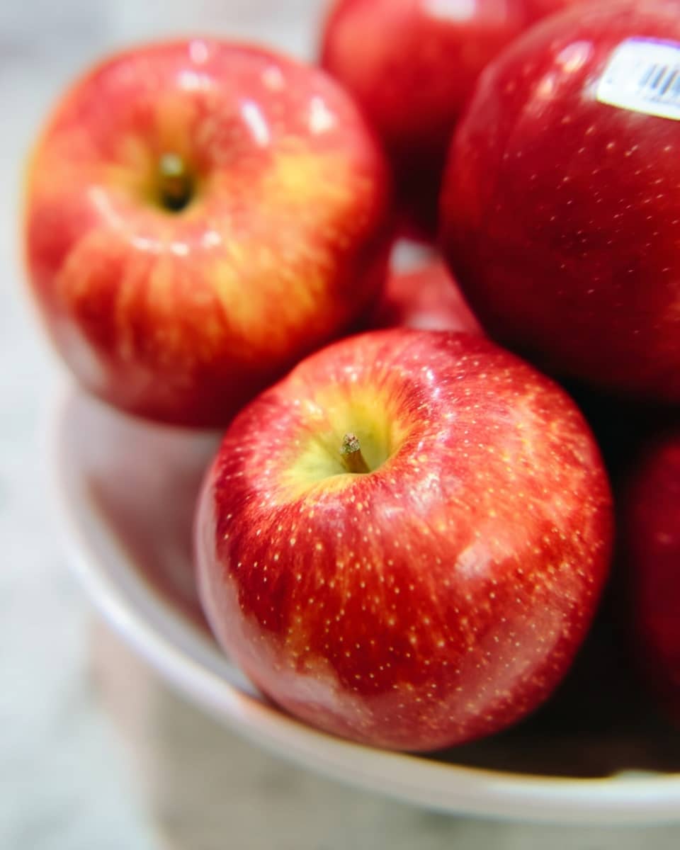 The image shows a close-up of several red apples with smooth, shiny skin that has subtle yellow and orange speckles. The apples are stacked together inside a white bowl, which is sitting on a white marbled surface. One apple, with a small green stem and a sticker, is in clear focus in the foreground while the others are softly blurred in the background, giving a sense of depth. The natural light highlights the glossy texture of the apples, making them look fresh and ripe. photo taken with an iphone --ar 4:5 --v 7