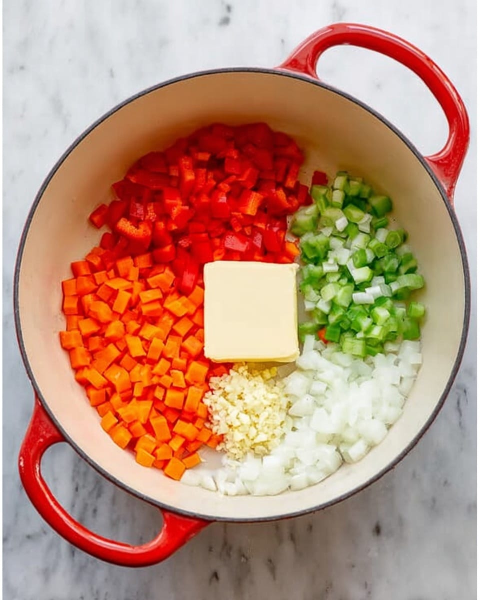 A large white pot with red handles sits on a white marbled surface. In the first image, there is a small square of butter in the center of the pot with a smooth empty space around it. In the second image, the pot is filled with four separate piles of chopped vegetables arranged in sections: red peppers in the top left, orange carrots in the top right, white onions in the bottom left, and green celery in the bottom right. A small pile of minced garlic rests on the border between the red peppers and white onions. photo taken with an iphone --ar 4:5 --v 7