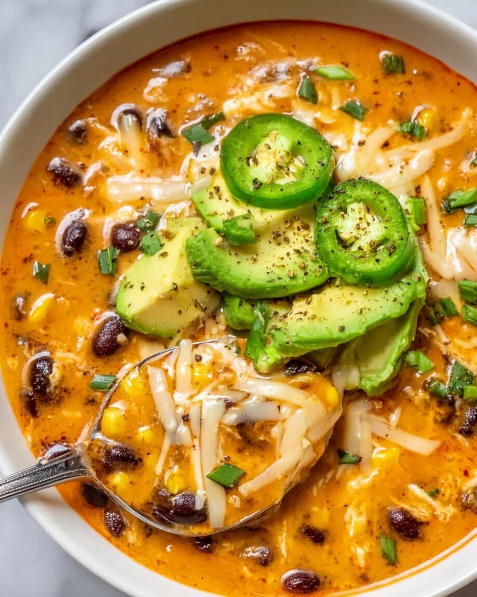 A white bowl filled with a thick, orange soup mixed with visible black beans and yellow corn pieces spread throughout. On top, there are several melted white cheese strands loosely covering the soup, with three slices of green avocado and three round jalapeño slices placed in the center, sprinkled with finely chopped green onions and black pepper. A silver spoon scoops some soup from the right side, showing the creamy texture. The bowl sits on a white marbled surface. Photo taken with an iphone --ar 4:5 --v 7