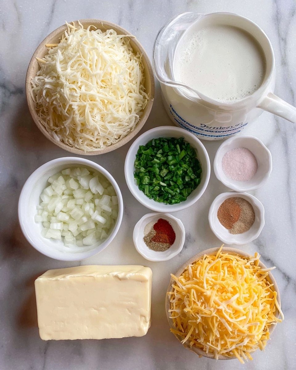 The image shows seven items arranged neatly on a white marbled surface: two paper bowls filled with shredded cheese - one with white shredded cheese on the top right and the other with yellow shredded cheese on the bottom center, a small white bowl with chopped white onions on the left, a smaller white bowl containing chopped green herbs mixed with garlic pieces on the top right, a white measuring cup filled with a frothy white liquid in the center, a small white bowl holding three types of spices (pink, red, brown) on the right, a rectangle of cream cheese on the bottom left, and a block of butter just below the cream cheese. photo taken with an iphone --ar 4:5 --v 7