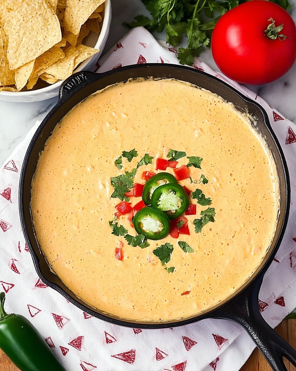 The image shows a large black cast iron skillet filled with a creamy, smooth, pale orange cheese dip. On the top center of the dip, there are three slices of bright green jalapeño peppers, a few small red diced tomato pieces, and fresh green cilantro leaves arranged neatly. The skillet is placed on a white cloth with small red triangle patterns over a white marbled surface. To the top left of the skillet, a white bowl is filled with beige tortilla chips. A whole red tomato is at the top center, and a whole green jalapeño pepper is placed below the skillet. Photo taken with an iphone --ar 4:5 --v 7