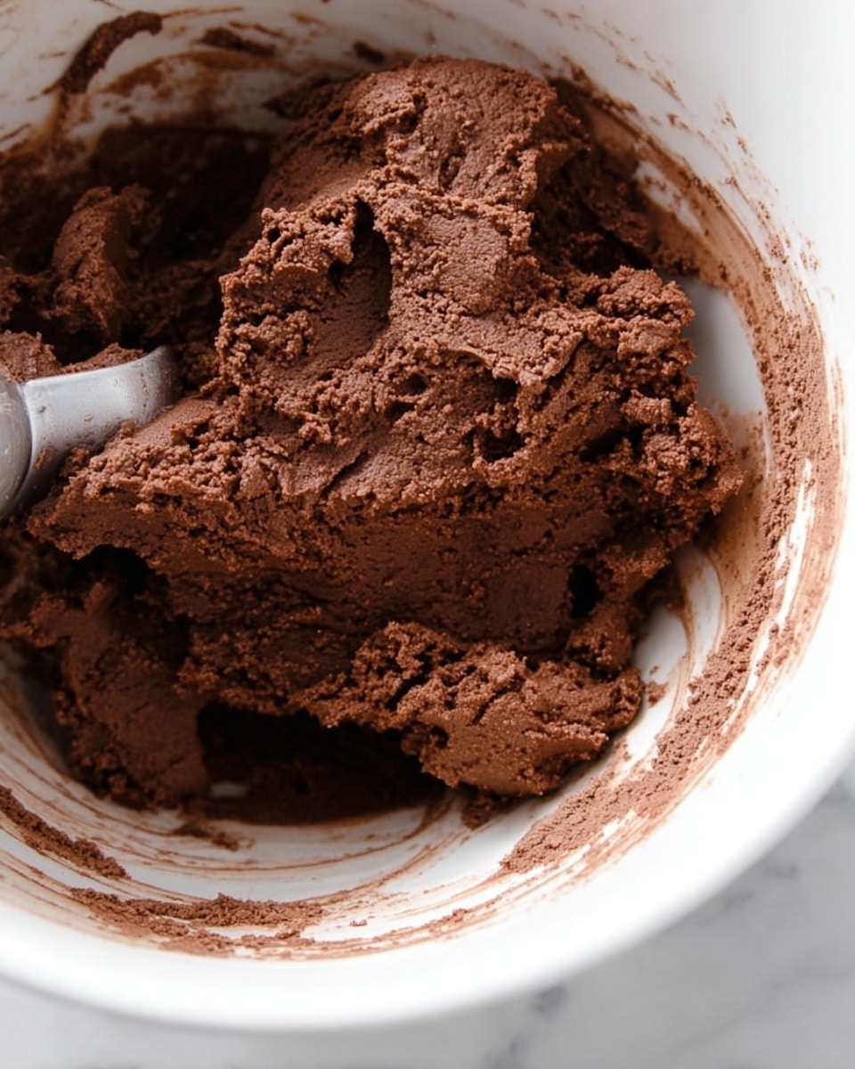 The image shows thick, deep brown chocolate dough or mixture inside a white bowl with smooth sides. The texture looks dense and slightly crumbly, with some parts clinging to a mixing tool that is partially visible in the left side of the bowl. The dough is unevenly piled in the bowl with different sizes of lumps, and there is some light dusting of powder on top on the dough and sides of the bowl. The background is a white marbled texture. photo taken with an iphone --ar 4:5 --v 7