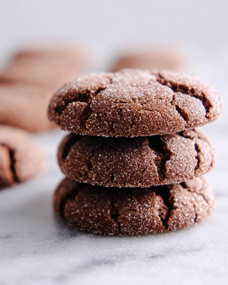 A close-up image shows a stack of three soft chocolate cookies with a light sugar coating, each having small cracks and a slightly rough texture on a white marbled surface. More cookies, slightly out of focus, appear in a line in the background. The cookies are round and uniform in size with a rich brown color. Photo taken with an iphone --ar 4:5 --v 7