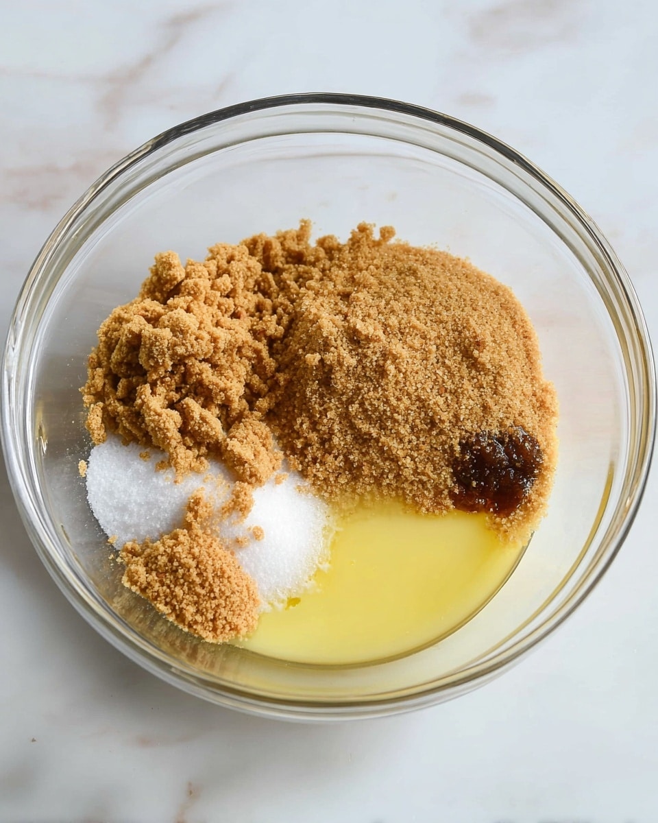 A clear glass bowl on a white marbled surface holds four ingredient layers: light yellow melted butter on the right side, light brown graham cracker crumbs stacked on the bottom left, a small white area of salt on top of the crumbs, and a medium brown mound of brown sugar resting above the crumbs and close to the melted butter, with a small dark brown sticky clump near the butter. The bowl is round and clear, showing all layers clearly inside. photo taken with an iphone --ar 4:5 --v 7