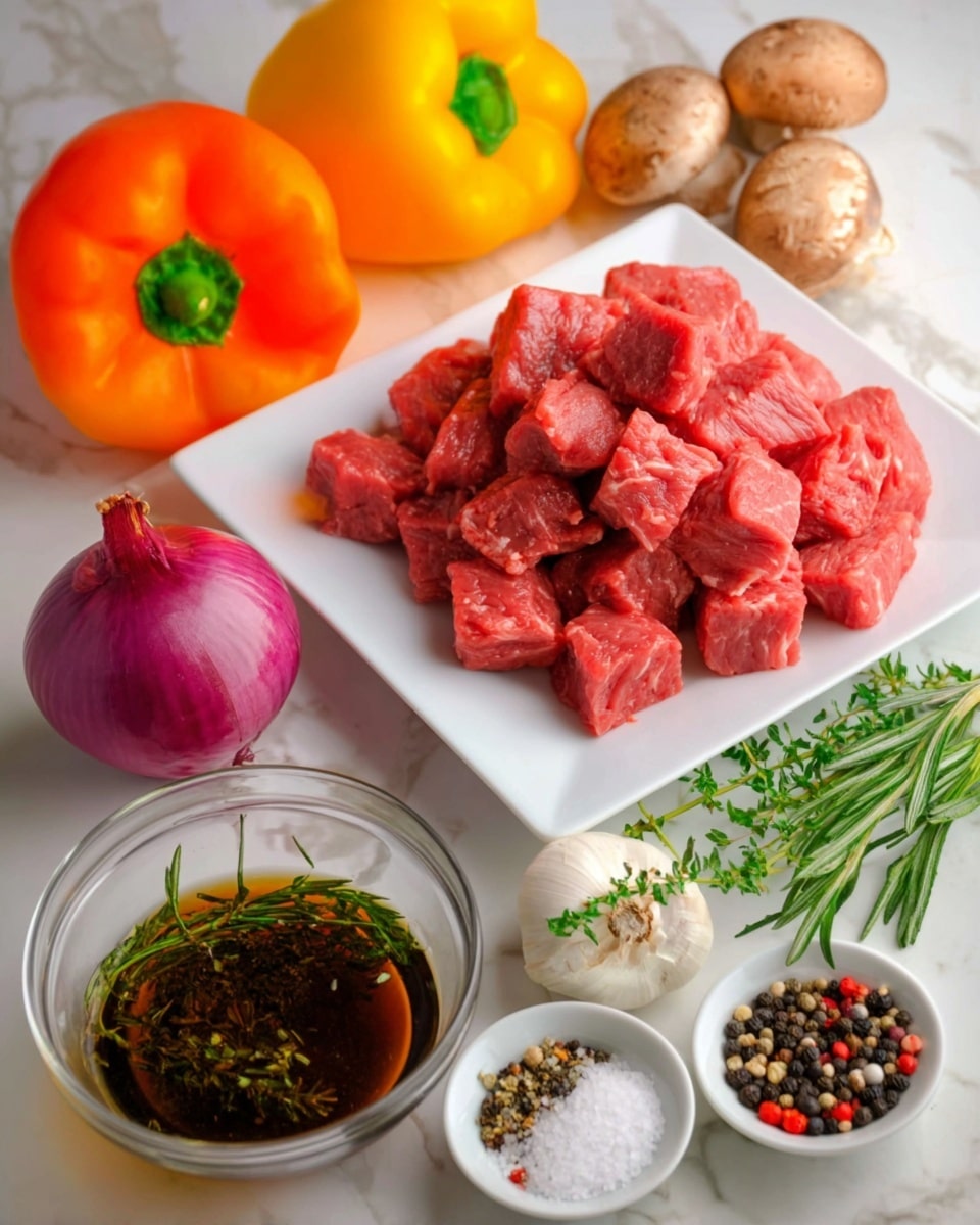 The image shows a white square plate filled with many small cubes of raw red meat placed in the center. Surrounding the plate are fresh colorful vegetables and seasoning ingredients: three whole bell peppers in bright yellow, red, and orange, a round purple onion, a few light brown mushrooms, and a garlic bulb decorated with a few green herbs. In front of the plate, there is a clear glass bowl containing a dark liquid mixed with various fresh herbs and spices like rosemary and pepper. On the side, two small white bowls hold salt and a mix of black, white, and red peppercorns. The whole setup is on a white marbled surface. photo taken with an iphone --ar 4:5 --v 7