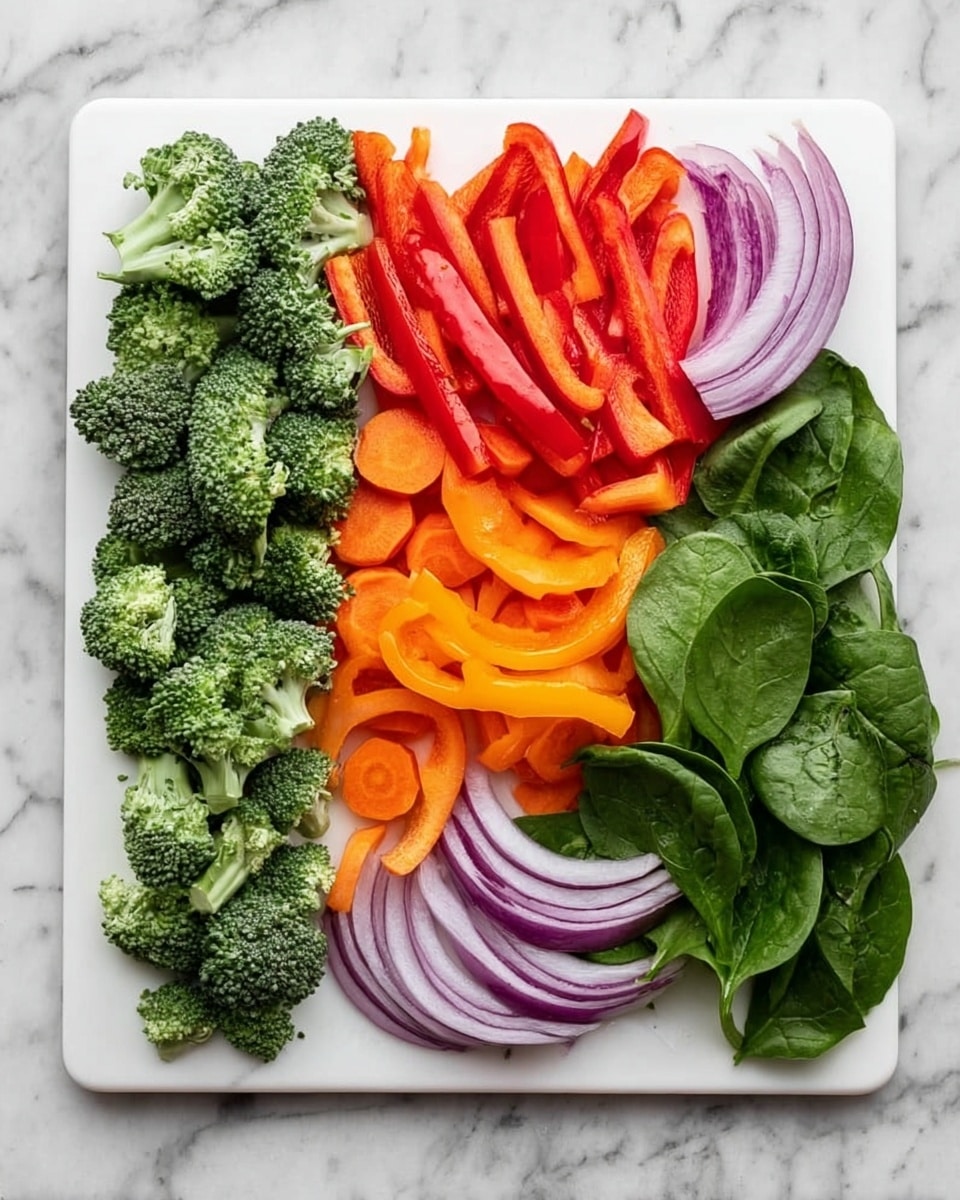 The image shows a white cutting board placed on a white marbled surface, with five types of fresh vegetables arranged in neat vertical layers from left to right. The first layer has small bright green broccoli florets with a rough texture. Next to it is a layer of long, thin, bright red bell pepper strips with smooth skin. The middle layer is made of round, orange carrot slices with a slightly matte texture. To the right of the carrots are thin, curved slices of light purple and white onion with a shiny surface. The last layer on the far right consists of fresh dark green spinach leaves with visible veins and a slightly wrinkled texture photo taken with an iphone --ar 4:5 --v 7