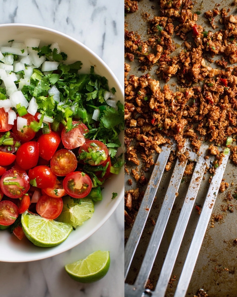 The image shows two side-by-side views of food. On the left, there is a white bowl filled with fresh salad. The salad has three layers: the bottom layer has chopped white onions and diced green peppers that add texture; the middle layer is made of bright red cherry tomatoes, some whole and some sliced in half, showing their juicy inside; the top layer is sprinkled with green chopped cilantro leaves and garnished with lime wedges around the bowl’s edge. The salad looks fresh and colorful. On the right, there is a close-up shot of small crumbled brown cooked pieces that have a rough texture, spread out on a metal pan. A large spatula with thin cuts is pressing through the food, lifting some crumbs. The pan background is worn and covered in small bits of the crumbled food. Both images sit on a white marbled surface. photo taken with an iphone --ar 4:5 --v 7