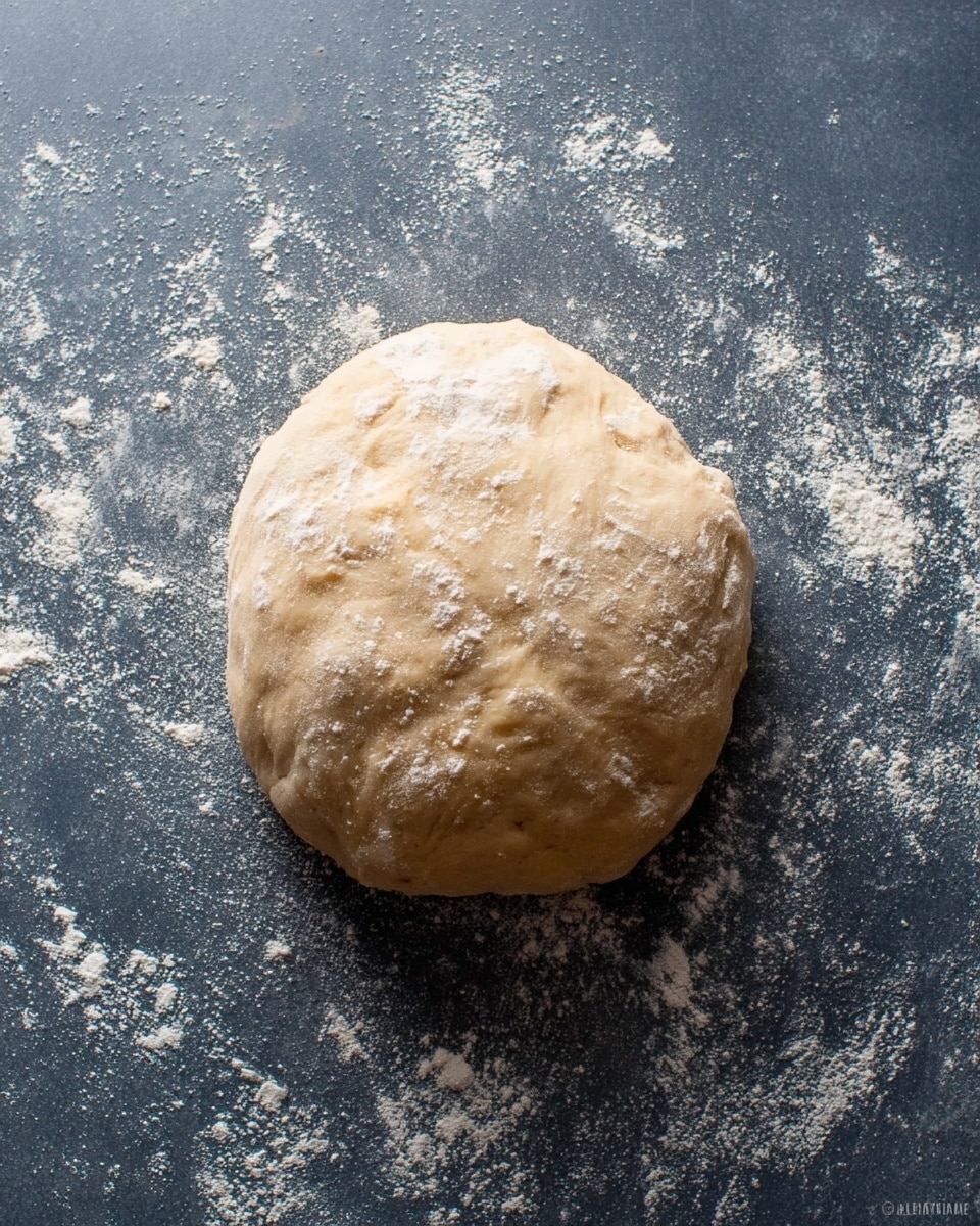 A single round dough ball sits in the center on a dark gray floured surface with a rough texture. The dough is light beige with a slightly uneven surface, sprinkled lightly with white flour. The dough looks soft and slightly puffy, with small creases and subtle dimples visible. Surrounding the dough are patches of flour scattered loosely across the dark surface. The scene focuses solely on this one dough ball with no other items or layers present. Photo taken with an iphone --ar 4:5 --v 7