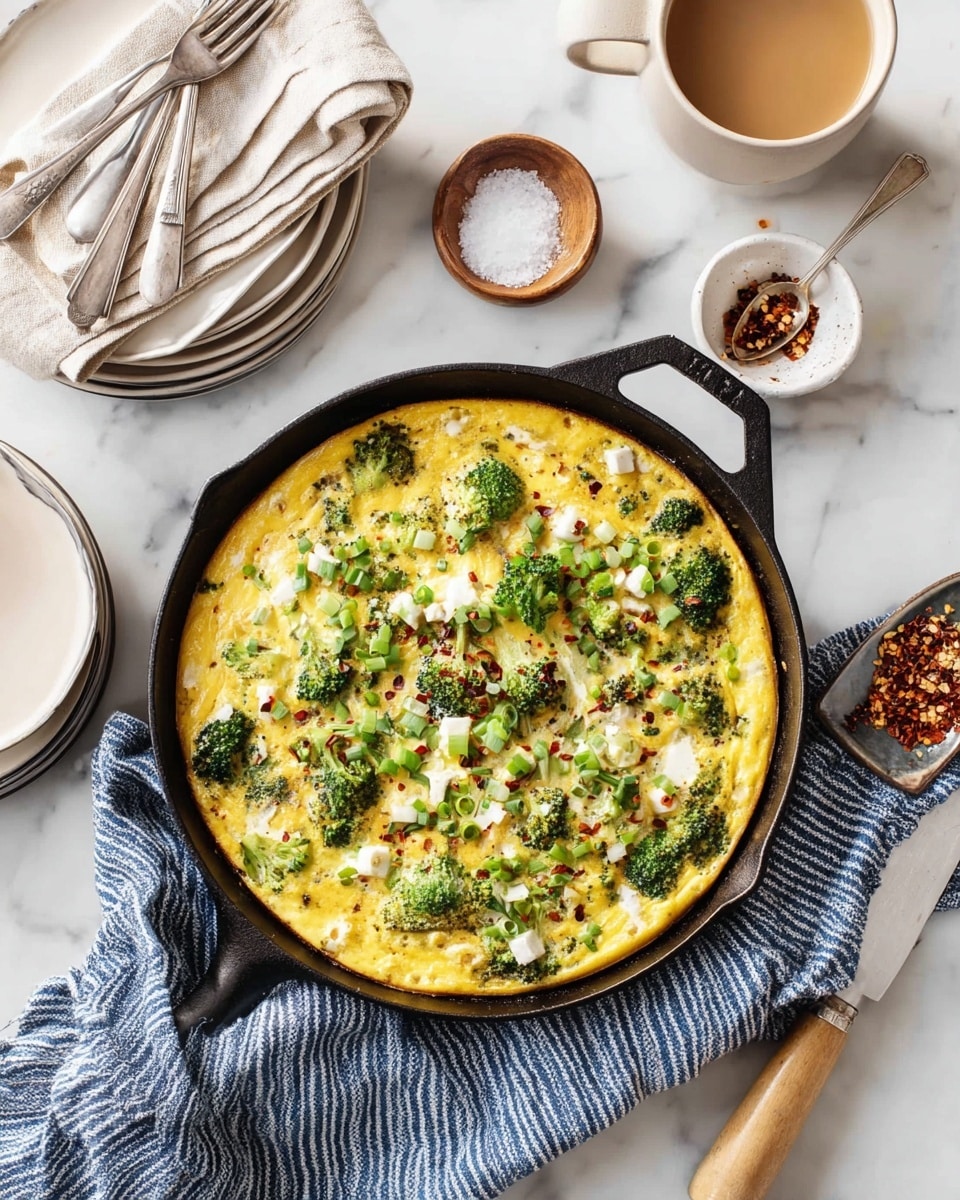 A round frittata with a yellow base layer cooked in a black cast iron pan, topped with green broccoli florets, chopped green onions, white cheese pieces, and sprinkled with red chili flakes. The pan sits on a blue and white striped cloth over a white marbled surface. Surrounding the pan, there are stacked white plates with a beige napkin and silver forks on top, a white cup with a spoon and light brown coffee, a small wooden bowl of salt, a small white dish of red chili flakes, a silver spoon in a beige cup filled with frothy coffee, and a beige knife with a rounded wooden handle on the right side. photo taken with an iphone --ar 4:5 --v 7