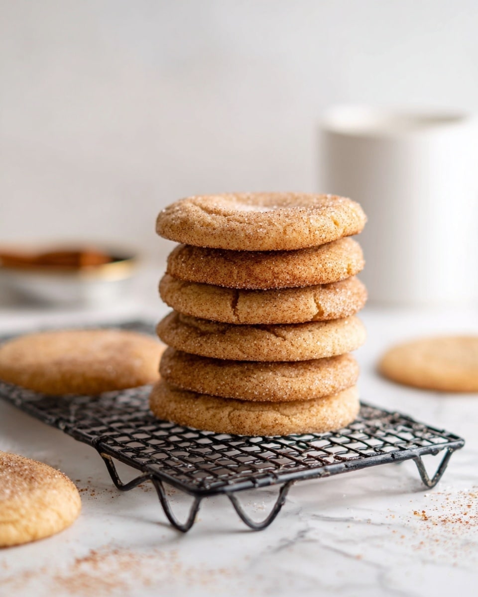 A stack of six round, light brown cookies with a slightly rough texture is placed on a black wire cooling rack, with some sugar sprinkled on their tops. The stack is in the front center of the image, with another cookie and a small white dish with a metallic rim in the background to the left. The entire scene is set on a white marbled surface with small brown specks scattered around. A white mug is blurred in the background on the right side. Photo taken with an iphone --ar 4:5 --v 7