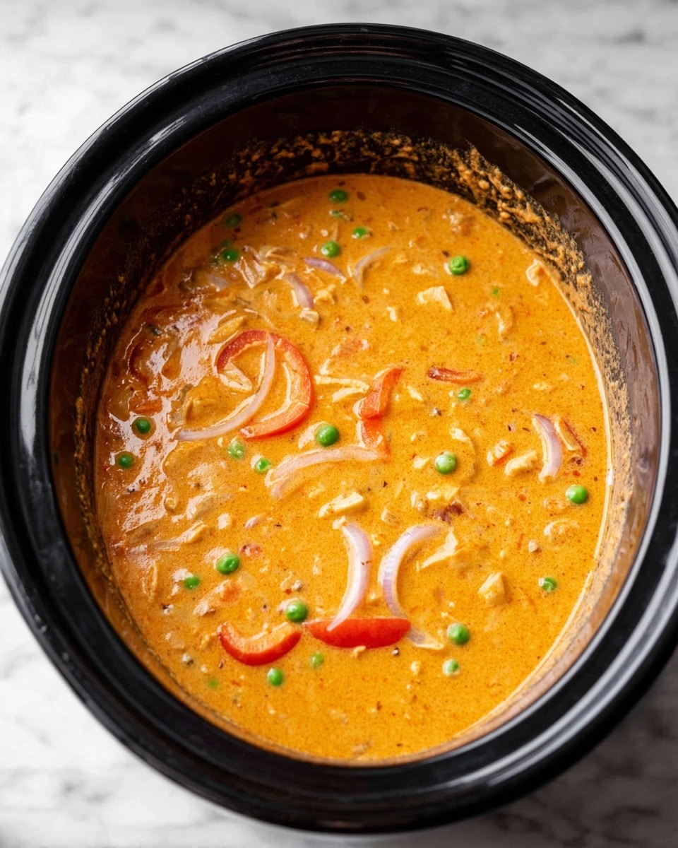 A black slow cooker filled with a creamy orange soup that has a smooth texture with visible small pieces of green peas scattered throughout. Thin slices of white onion and chunks of red bell pepper float on the surface, adding color and texture. The soup appears thick and rich, with a slightly oily sheen around the sides of the cooker, all set on a white marbled surface. photo taken with an iphone --ar 4:5 --v 7