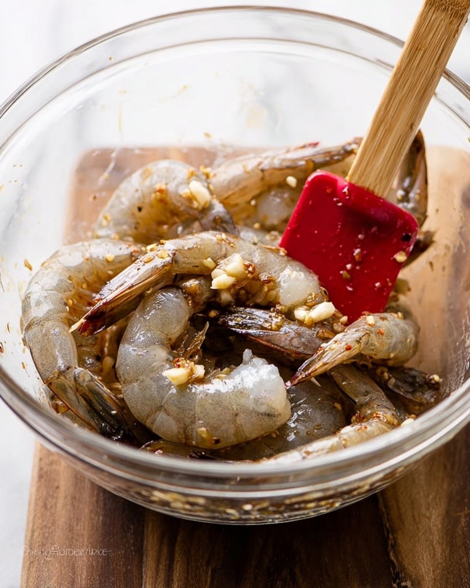 A clear glass bowl filled with raw shrimp that have a translucent gray color with some white areas, mixed with small bits of minced garlic and a dark marinade coating parts of the shrimp. A red silicone spatula with a wooden handle is partially inside the bowl, mixing the shrimp. The bowl sits on a white marbled surface, catching some natural light. photo taken with an iphone --ar 4:5 --v 7