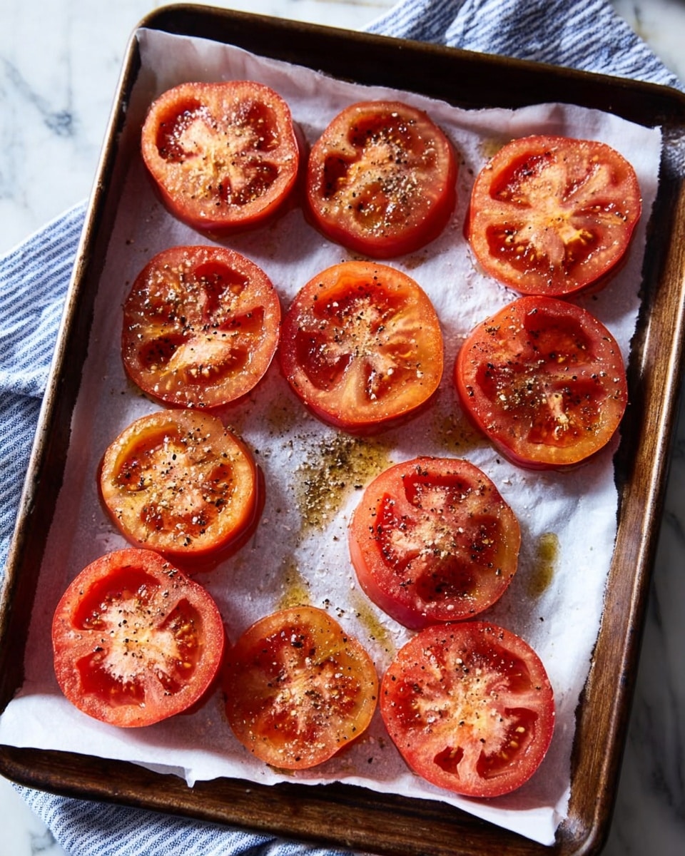 The image shows a baking tray lined with white parchment paper holding ten round tomato slices. Each tomato slice is thick and has a rich red and deep orange color with a glossy texture from oil drizzled on top. The tomato slices are topped with a sprinkle of black pepper and coarse salt, giving some small dark and white specks against the red flesh. The baking tray rests on a white marbled surface with a glimpse of a blue and white striped cloth nearby. photo taken with an iphone --ar 4:5 --v 7