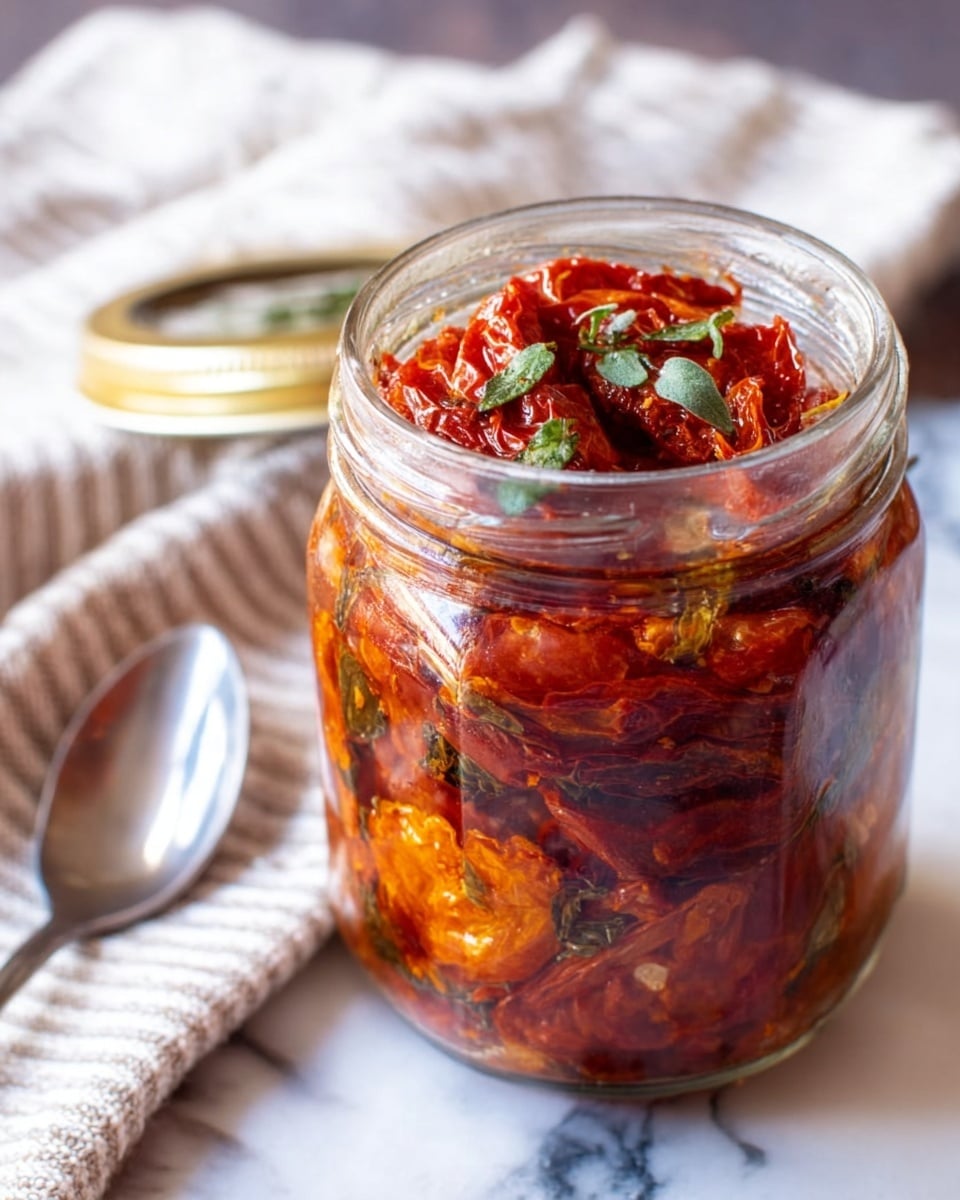 A clear glass jar filled with layers of sun-dried tomatoes soaked in oil, showing deep red and orange shades with a slightly wrinkled texture. The top layer is bright red tomato pieces garnished with a few small green herb leaves. The jar is placed on a white marbled surface with a soft, striped beige cloth in the background. A silver spoon lies beside the jar, and the jar's golden lid is slightly open behind it. Photo taken with an iphone --ar 4:5 --v 7