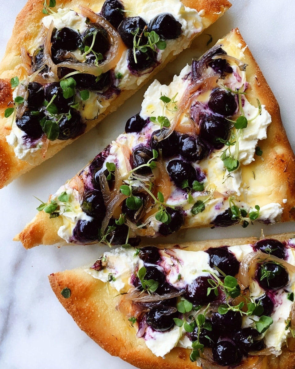 The image shows three slices of flatbread on a white marbled surface. The base is a thin, golden-brown crust that looks crispy. On top, there are creamy white dollops of cheese spread unevenly, with dark purple blueberries scattered throughout. Thin caramelized onion strips add a slightly shiny, light brown layer between the cheese and the crust. Fresh small green leaves are sprinkled on the top, adding a touch of brightness. The colors are a mix of golden brown, white, dark purple, and green, making the flatbread look fresh and tasty. photo taken with an iphone --ar 4:5 --v 7