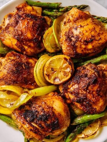 Greek Lemon Chicken Thighs with Roasted Asparagus and Zucchini Recipe