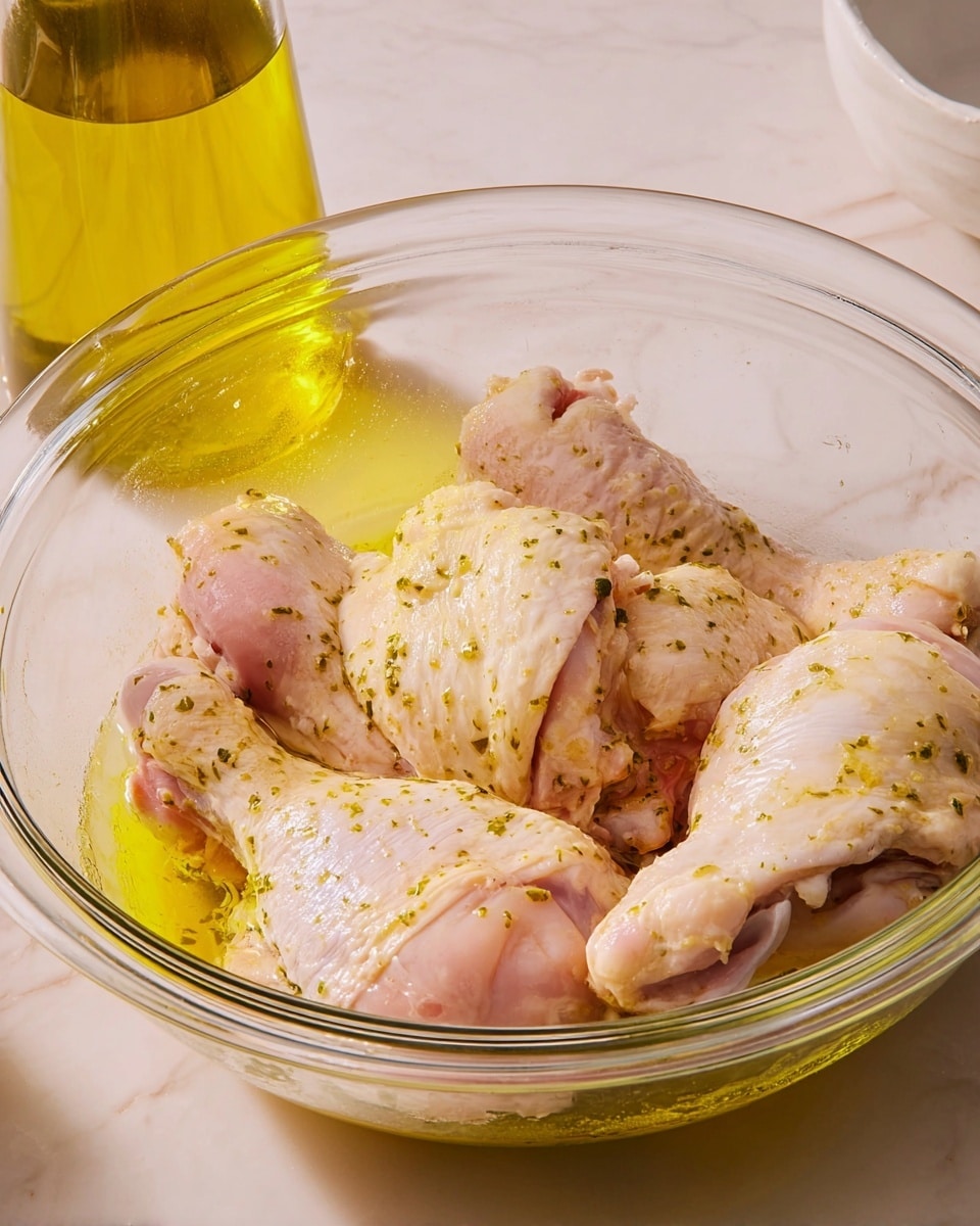 A clear glass bowl holds four raw chicken pieces soaked in a light yellow marinade with small green herb specks. The chicken pieces have pale pink and white skin with a shiny, oily texture. Behind the bowl, a glass bottle filled with yellow oil is partially visible. The bowl rests on a white marbled surface. photo taken with an iphone --ar 4:5 --v 7