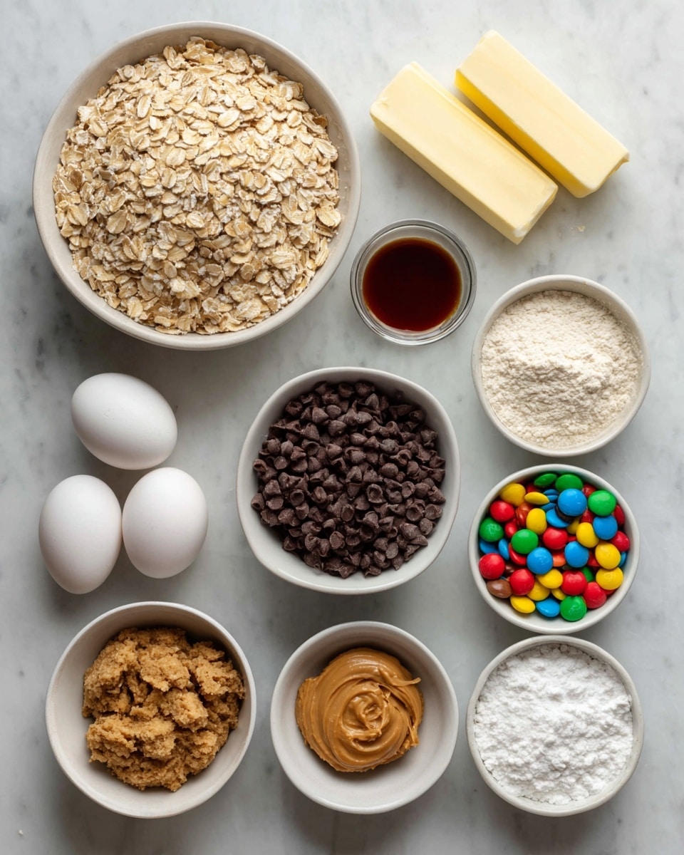 The image shows twelve white bowls and dishes with different ingredients placed on a white marbled surface. Starting from the top left, there is a large bowl filled with light brown rolled oats. To its right are two sticks of butter stacked diagonally and next to them a small cup with dark brown liquid, likely vanilla extract. Below the oats, a small bowl with salt sits next to a cup with bright multicolored candy-coated chocolate pieces. Below that, two white eggs are placed side by side. Underneath, a group of bowls contains dark brown chocolate chips in the center, light brown sugar to the right, and golden peanut butter with a smooth texture to the bottom left. At the bottom right, a larger bowl holds white flour. Two smaller bowls hold white granulated sugar and baking soda powder. The arrangement is neat and evenly spaced, with a clean and simple look. Photo taken with an iphone --ar 4:5 --v 7