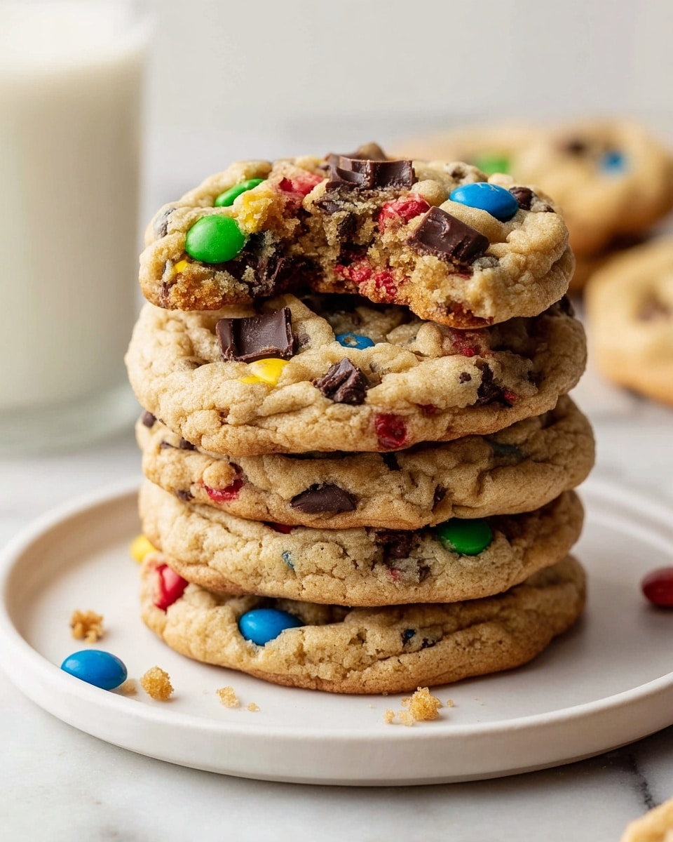 A stack of five thick, soft-textured cookies sits on a white plate with a white marbled surface underneath. Each cookie is a light golden brown color, filled with colorful candy-coated pieces in red, green, yellow, and blue, along with irregularly shaped dark chocolate chunks scattered throughout. The top cookie has a clear bite taken out of it, revealing a dense, chewy inside with visible bits of candy and chocolate. A few crumbs and one blue candy piece are scattered around the plate. In the blurry background, a glass of milk is slightly visible. photo taken with an iphone --ar 4:5 --v 7