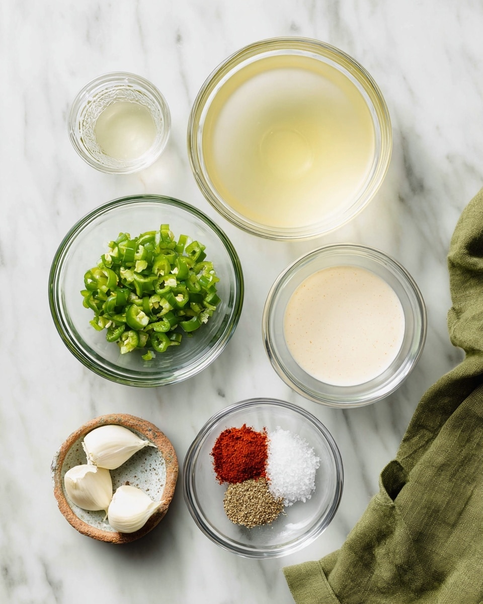 The image shows six clear glass bowls arranged on a white marbled surface. The largest bowl at the top contains a pale yellow liquid. To the left is a medium-sized bowl with a light yellow clear liquid. Below it is a small bowl filled with bright green chopped jalapeño pieces. In the center below the largest bowl is another medium bowl with a light creamy liquid. To the right of this is a very small bowl with a few white solid cloves of garlic. At the bottom center is a medium bowl divided into four sections holding red paprika, white salt, black pepper, and light brown ground cumin. A green cloth napkin is placed to the right side of the bowls. photo taken with an iphone --ar 4:5 --v 7