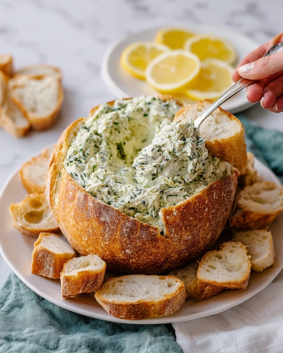 The image shows a round loaf of bread hollowed out and filled with a thick, textured dip that is pale green with dark green flecks throughout. Around the base of the loaf are several small slices of crusty bread with a golden-brown crust and light, soft interiors. A woman's hand holds one of the bread slices dipped into the creamy mixture, and a silver spoon is stuck into the dip inside the hollowed loaf. In the background, there is a white plate with lemon slices and more pieces of bread, all set on a white marbled surface with a white cloth nearby. Photo taken with an iphone --ar 4:5 --v 7